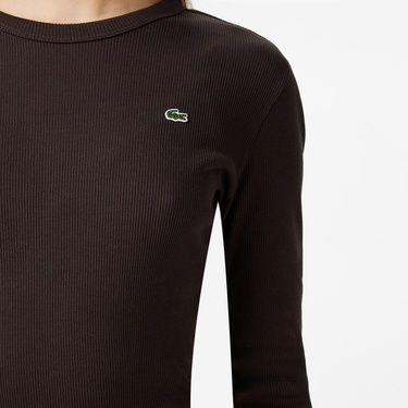  Lacoste Kadın Slim Fit Uzun Kollu Bisiklet Yaka Kahverengi T-Shirt