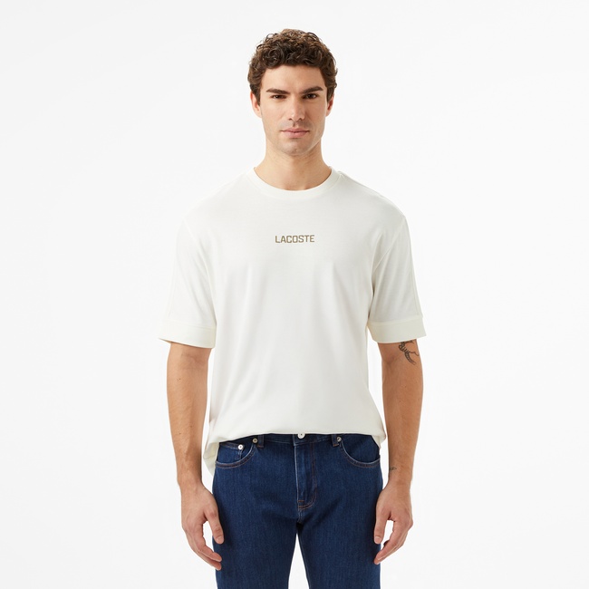  Lacoste Erkek Loose Fit Bisiklet Yaka Baskılı Beyaz T-Shirt