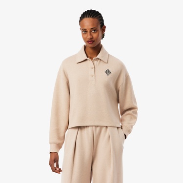  Lacoste Kadın Oversize Fit Polo Yaka Bej Sweatshirt