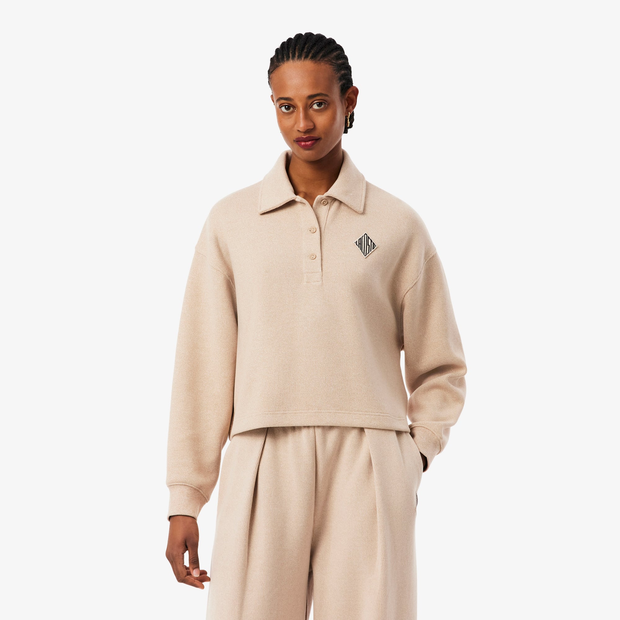  Lacoste Kadın Oversize Fit Polo Yaka Bej Sweatshirt