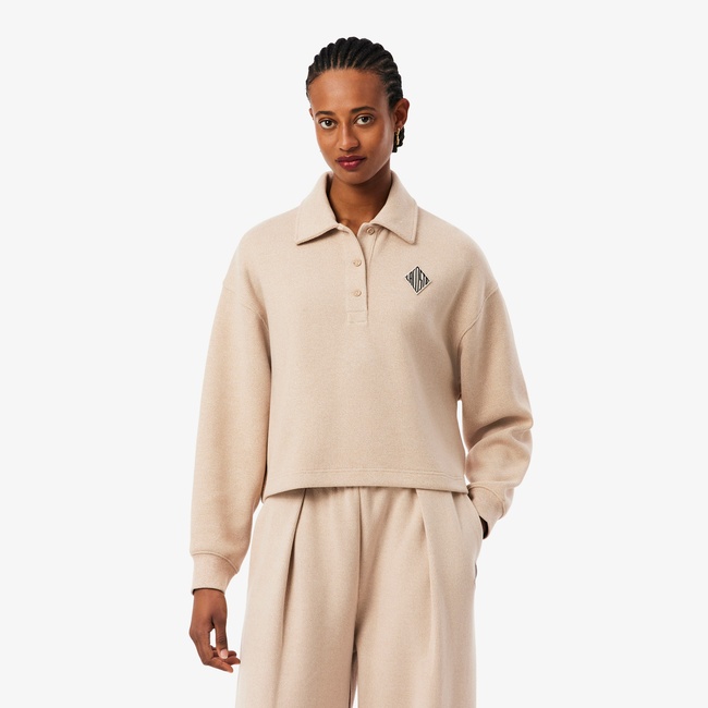  Lacoste Kadın Oversize Fit Polo Yaka Bej Sweatshirt
