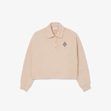  Lacoste Kadın Oversize Fit Polo Yaka Bej Sweatshirt
