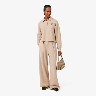  Lacoste Kadın Oversize Fit Polo Yaka Bej Sweatshirt