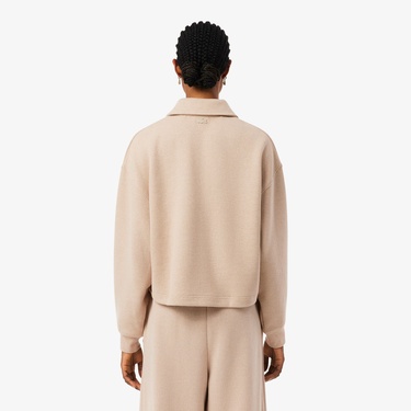  Lacoste Kadın Oversize Fit Polo Yaka Bej Sweatshirt