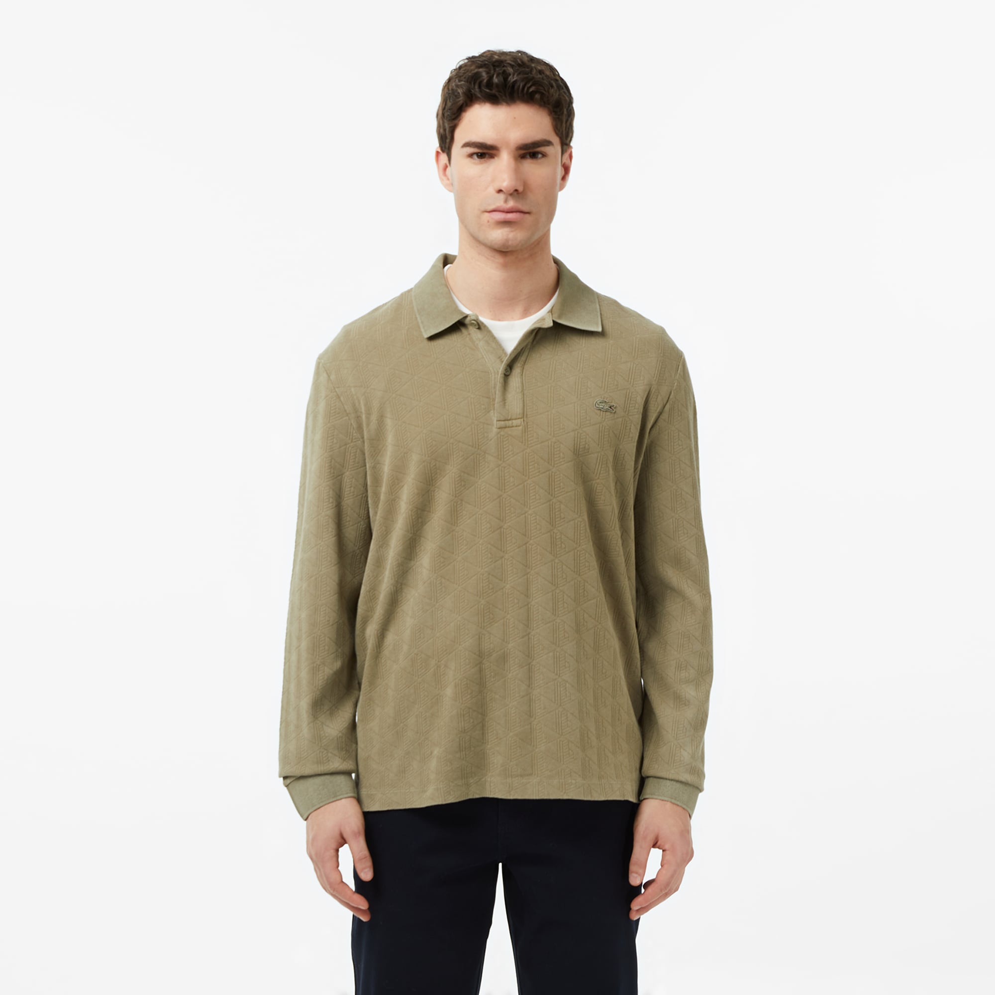  Lacoste Erkek Regular Fit Uzun Kollu Monogram Haki Polo