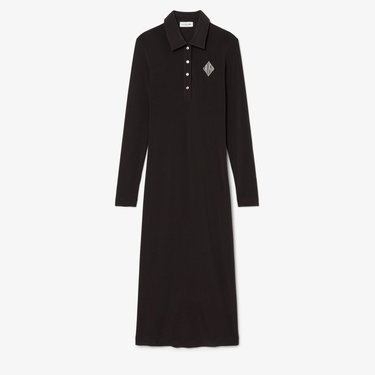  Lacoste Kadın Slim Fit Uzun Kollu Polo Yaka Koyu Kahverengi Elbise