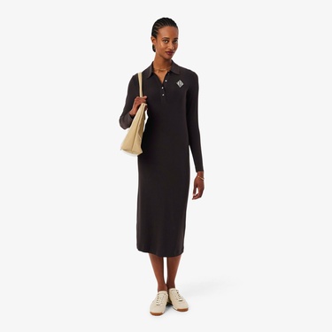  Lacoste Kadın Slim Fit Uzun Kollu Polo Yaka Koyu Kahverengi Elbise