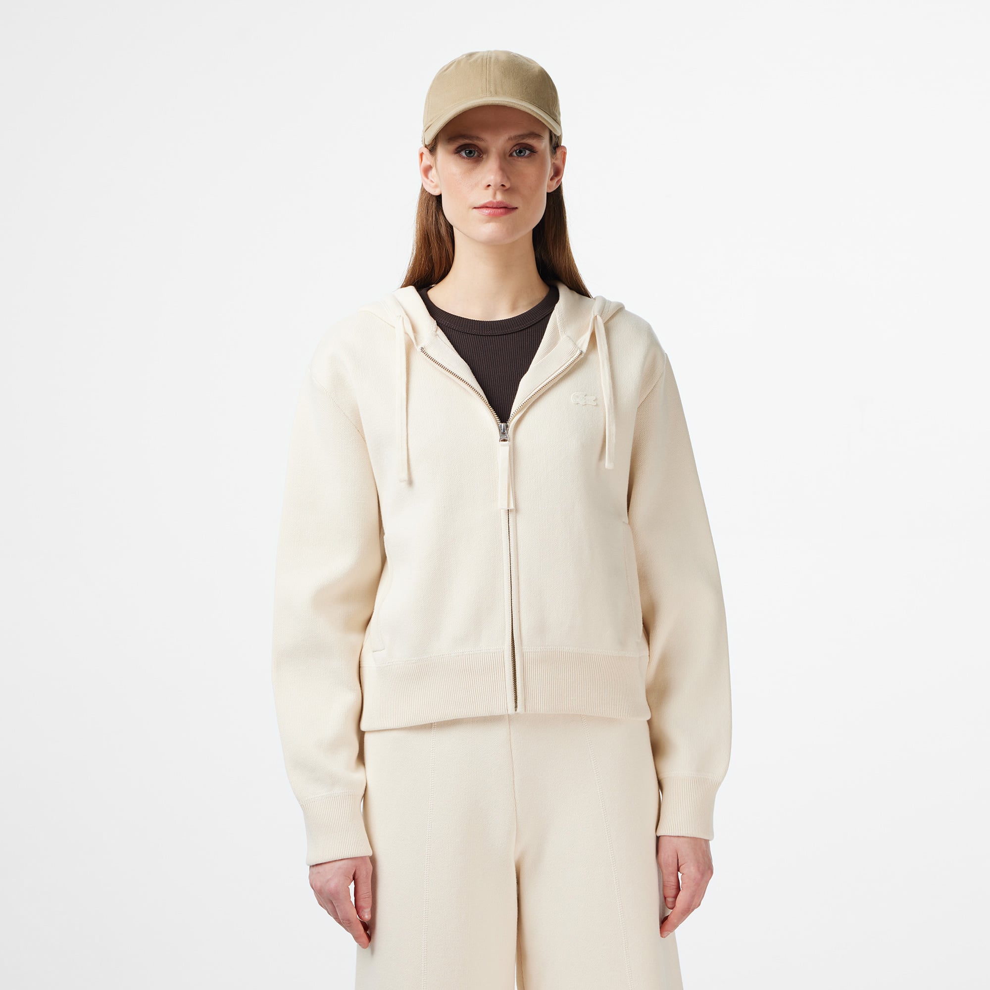  Lacoste Kadın Classic Fit Kapüşonlu Krem Hırka