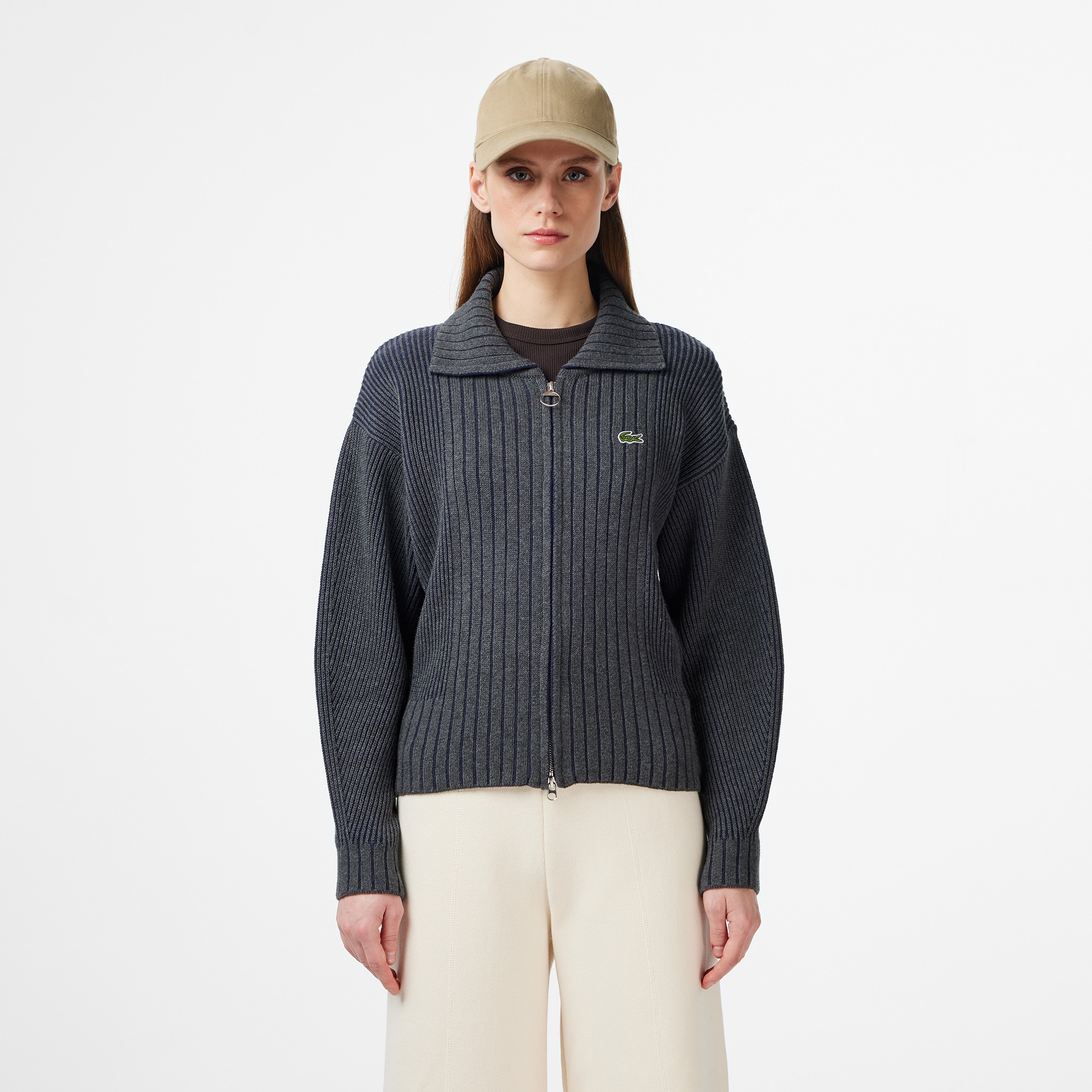 Lacoste Kadın Relaxed Fit Fermuarlı Gri Hırka