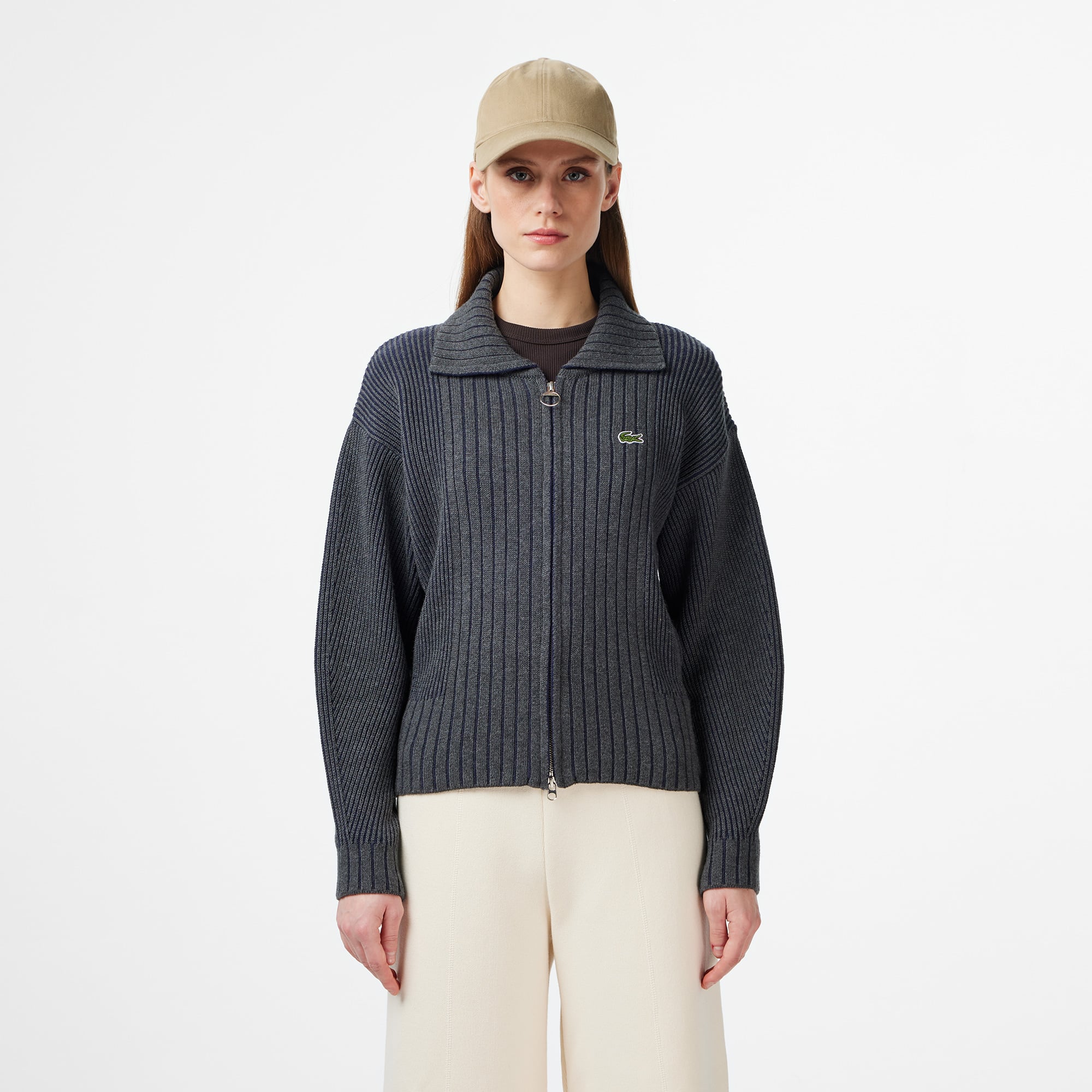  Lacoste Kadın Relaxed Fit Fermuarlı Gri Hırka