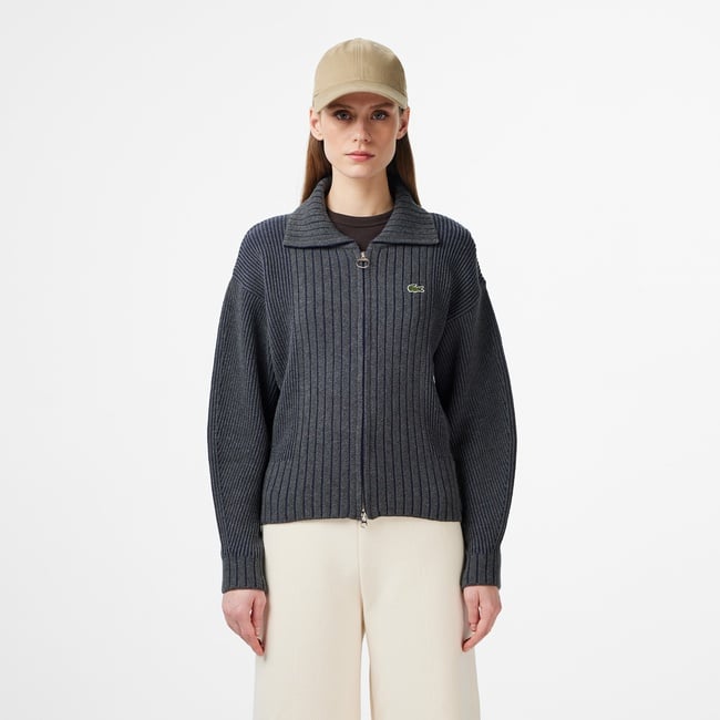  Lacoste Kadın Relaxed Fit Fermuarlı Gri Hırka