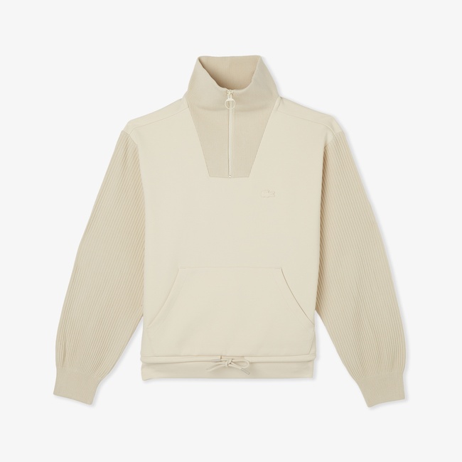  Lacoste Kadın Relaxed Fit Yarım Fermuarlı Krem Sweatshirt