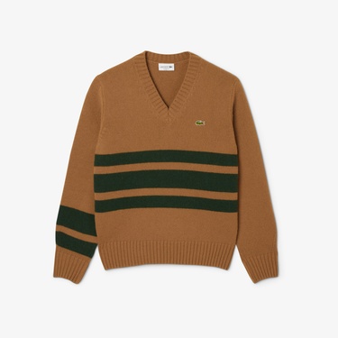  Lacoste Erkek Classic Fit V Yaka Çizgili Kahverengi Kazak