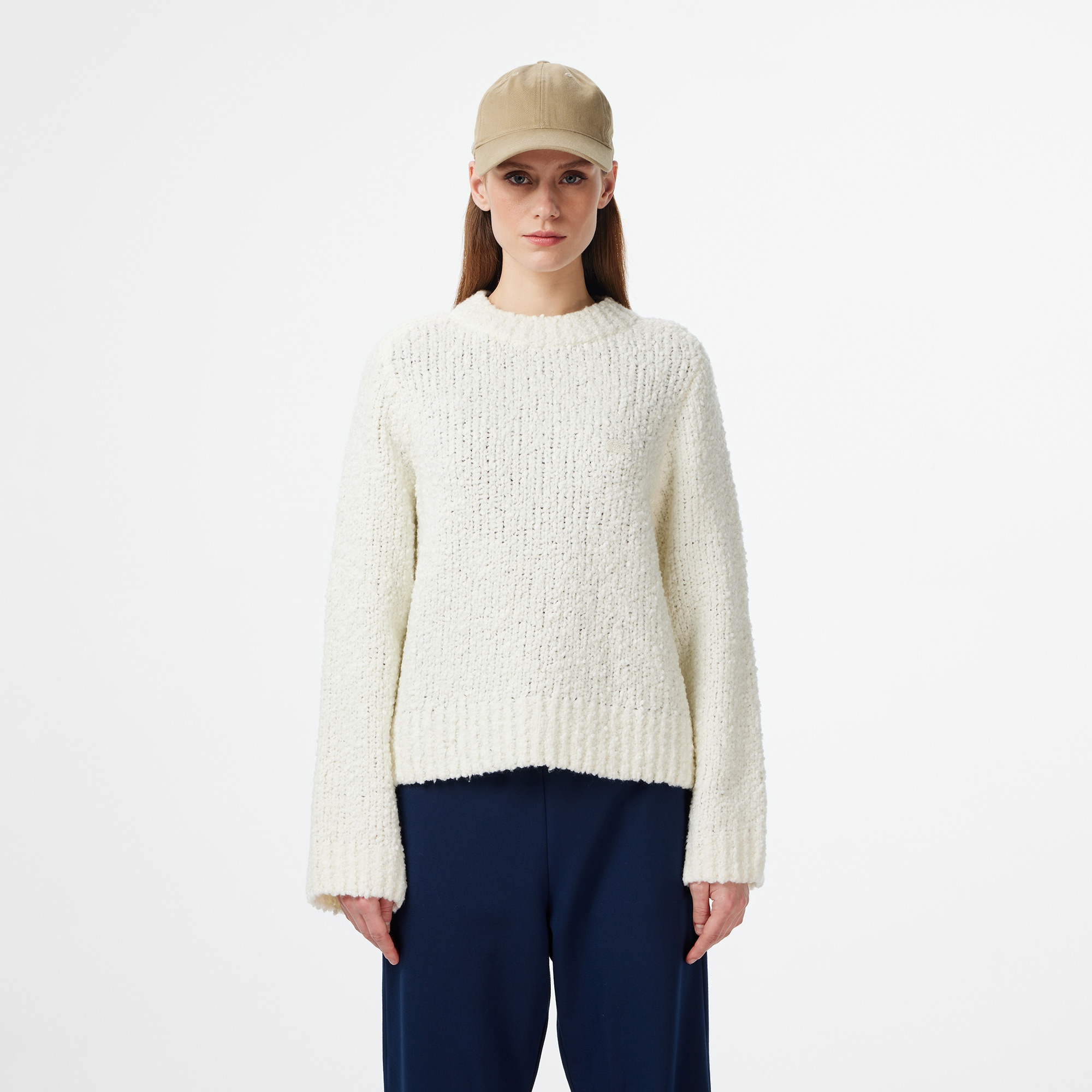 Lacoste Kadın Classic Fit Bisiklet Yaka Yün Krem Kazak