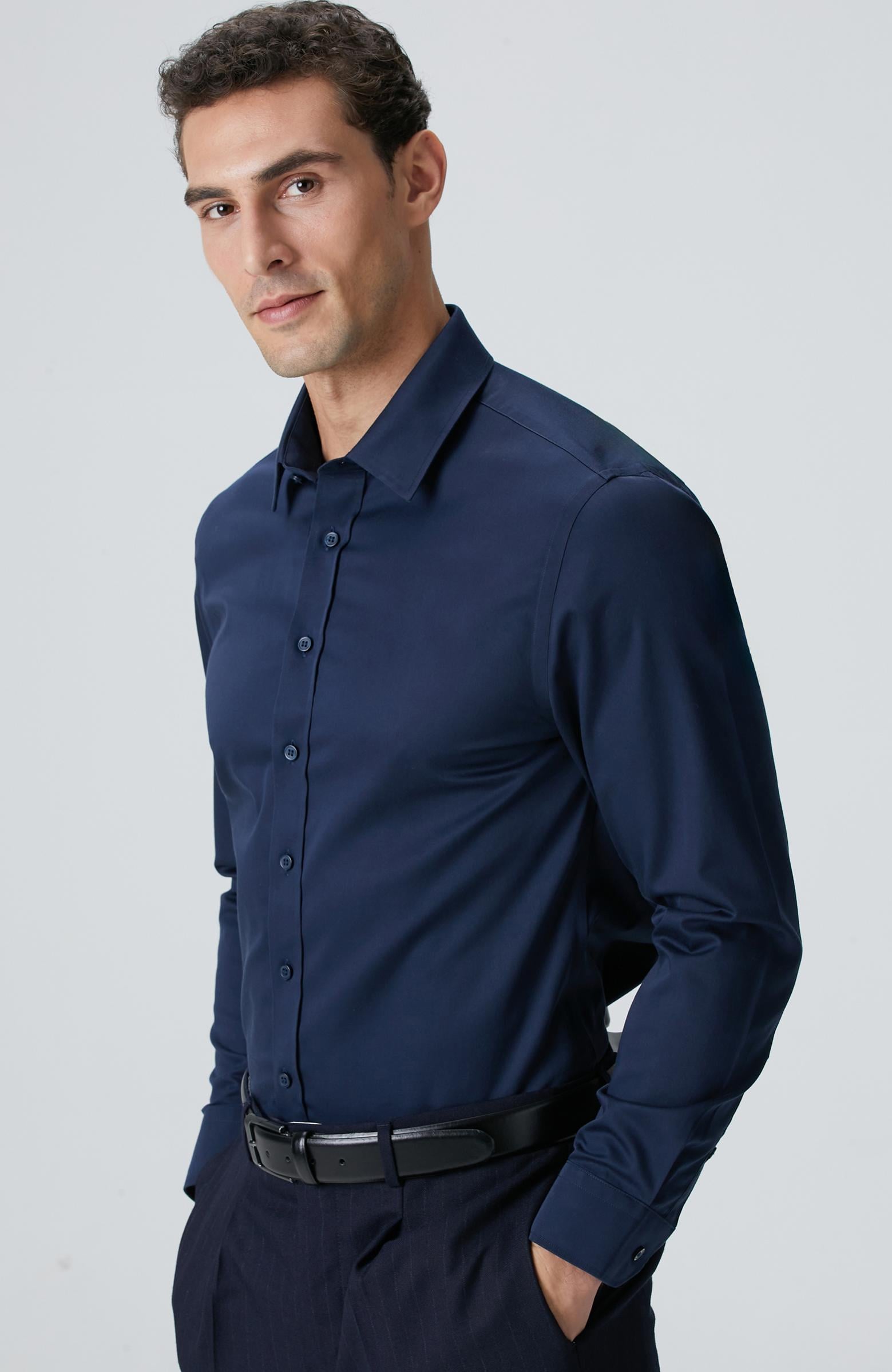  Network Erkek Non-Iron Lacivert Saten Gömlek