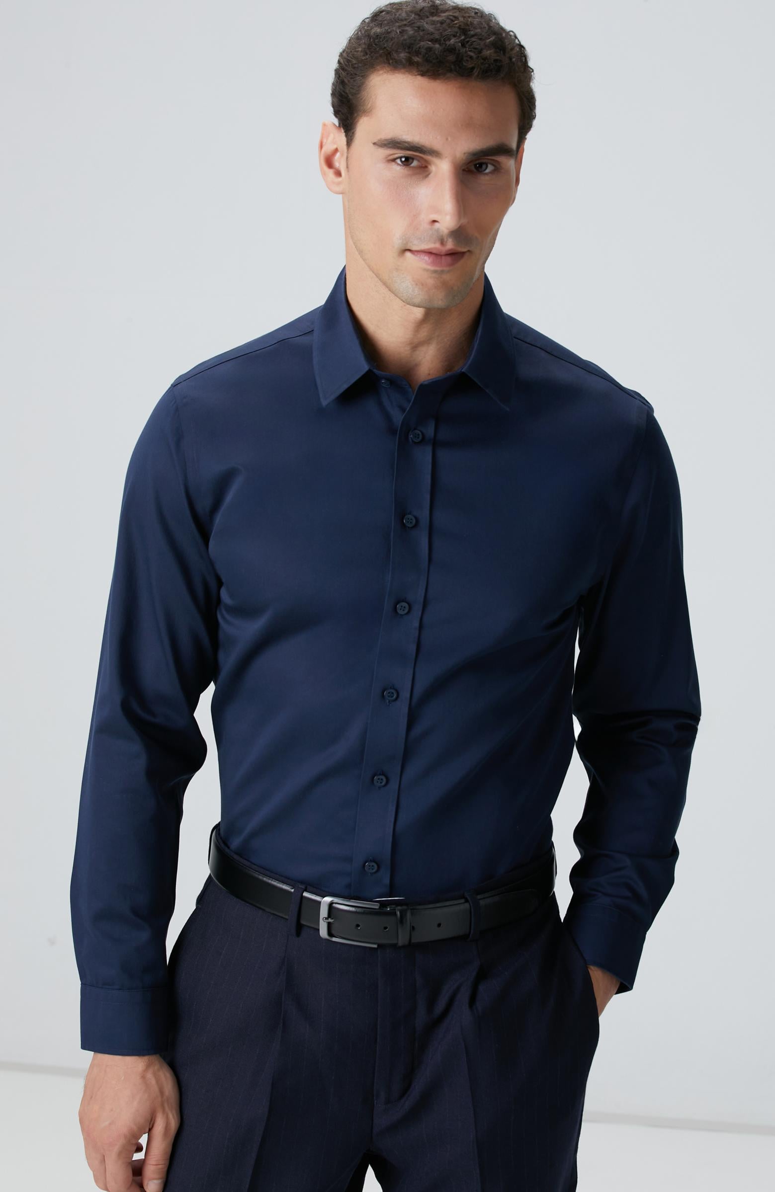 Network Erkek Non-Iron Lacivert Saten Gömlek