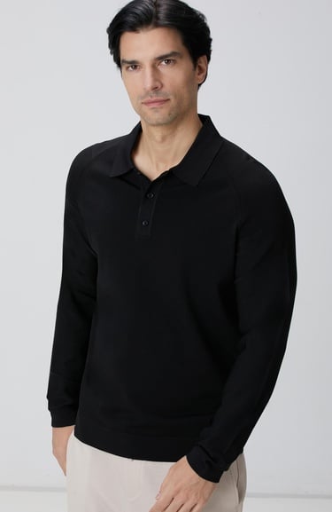  Network Erkek Siyah Polo Yaka Triko Kazak