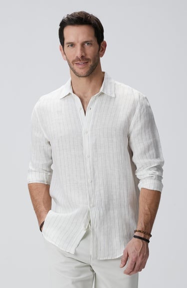  Network Erkek Beyaz Çizgi Desenli Keten Gömlek