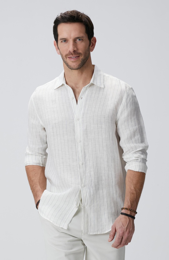  Network Erkek Beyaz Çizgi Desenli Keten Gömlek