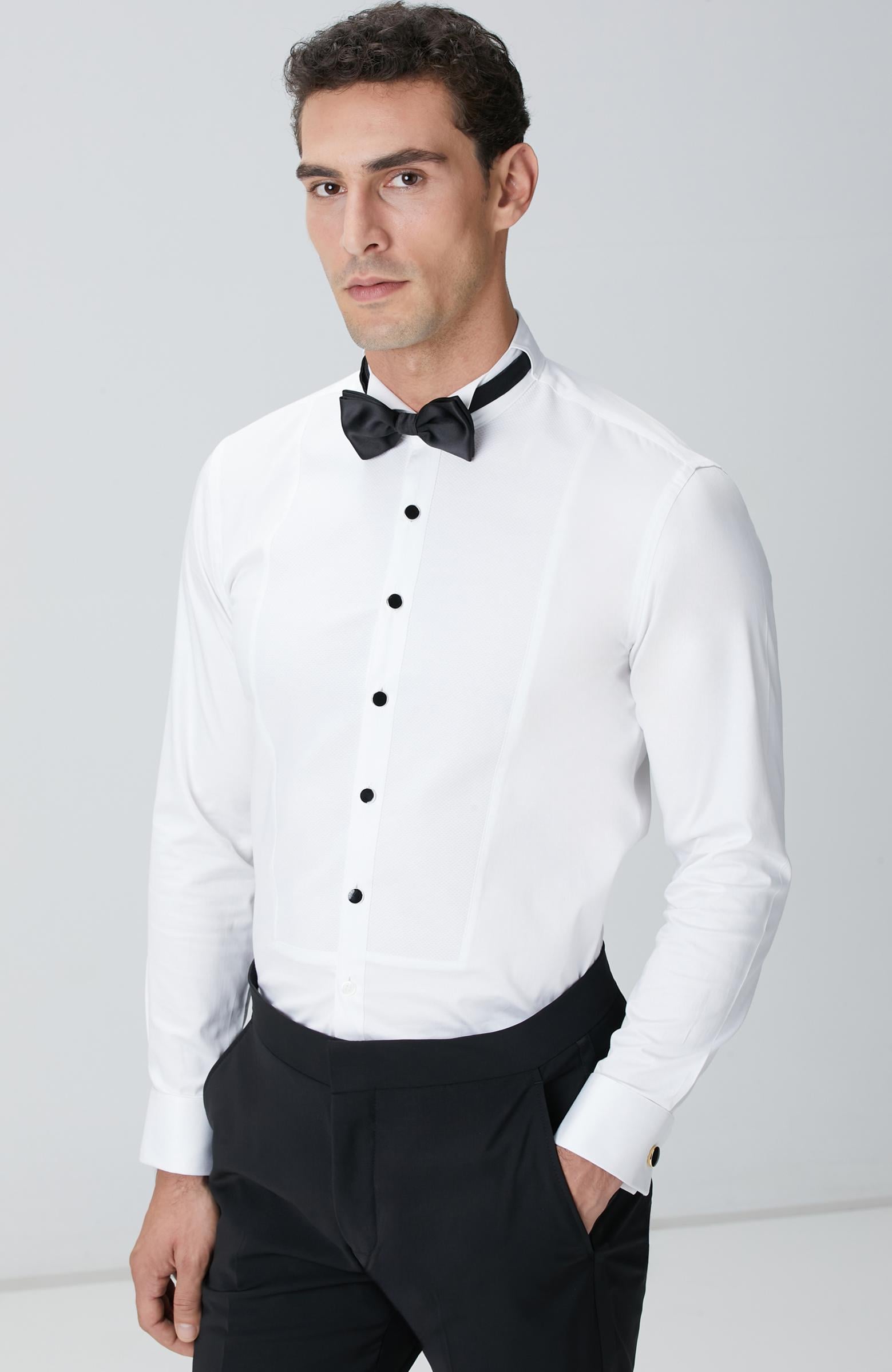  Network Erkek Beyaz Saten Smokin Gömlek