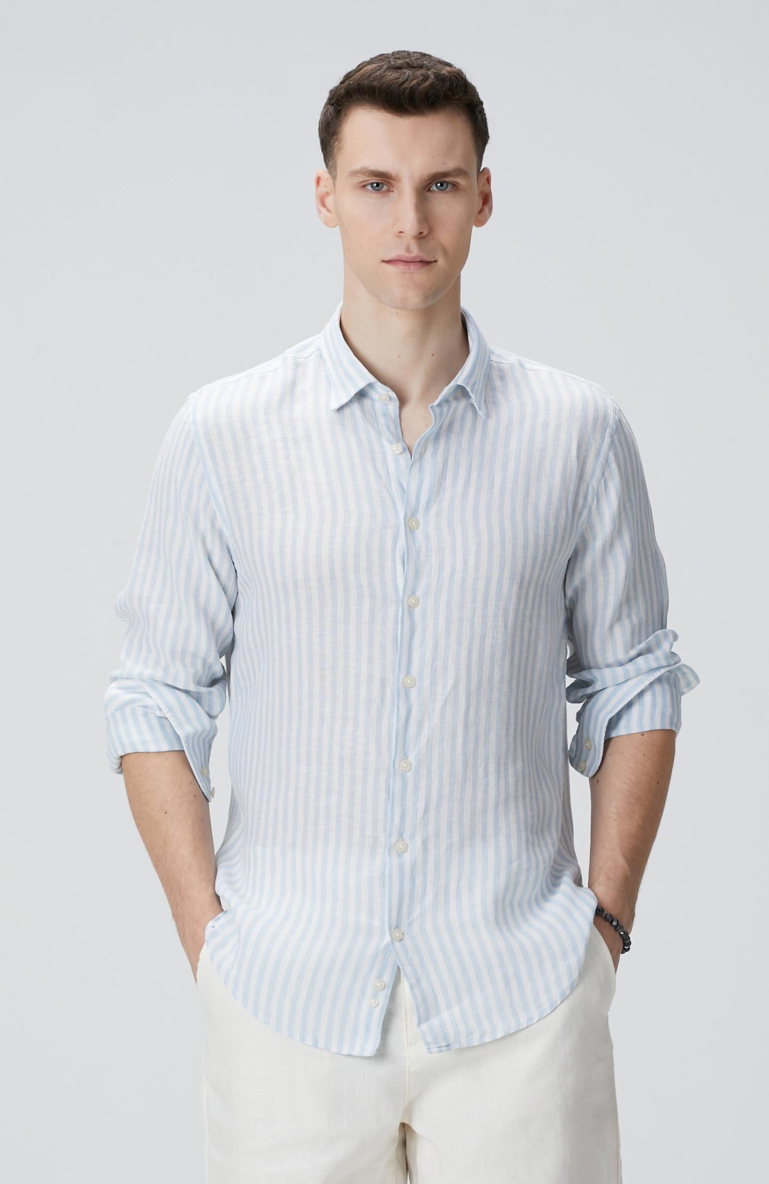  Network Erkek Mavi Beyaz Keten Gömlek