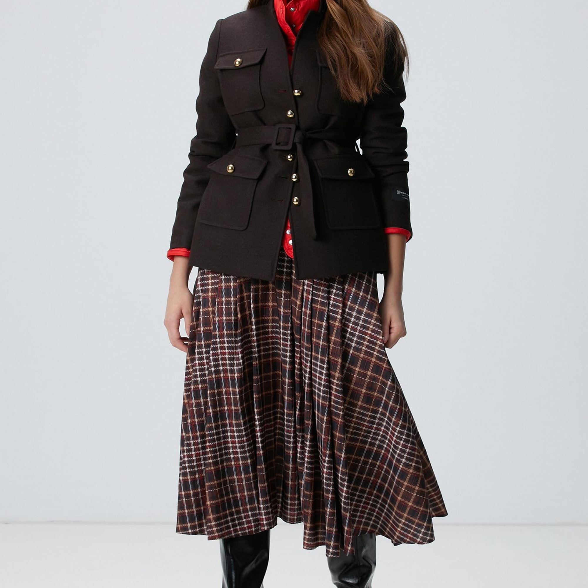 Network Kadın Camel Ekose Desenli Piliseli Midi Tafta Etek