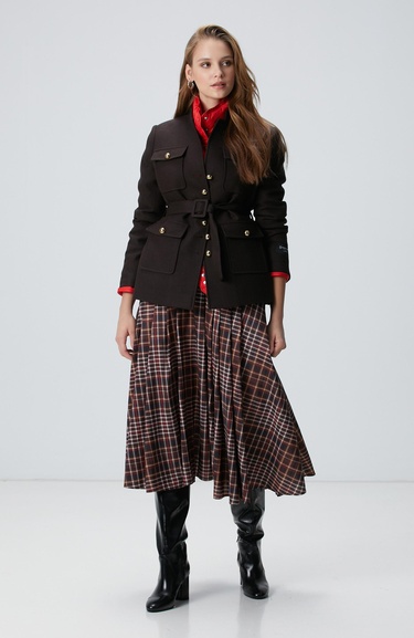  Network Kadın Camel Ekose Desenli Piliseli Midi Tafta Etek