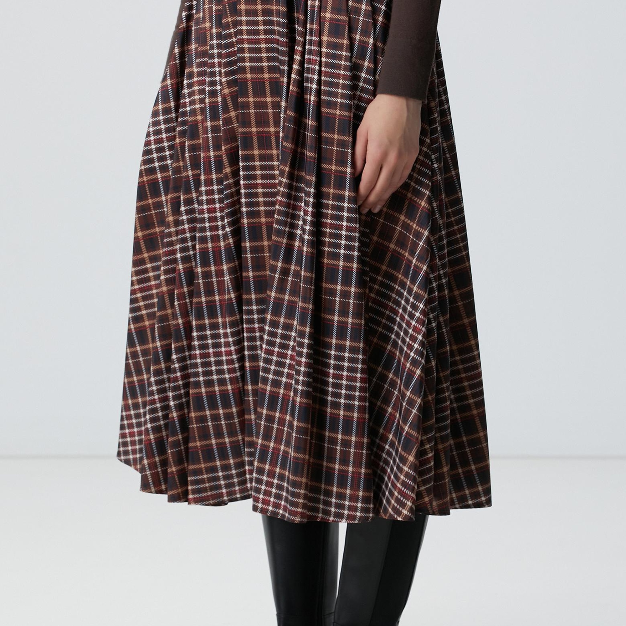 Network Kadın Camel Ekose Desenli Piliseli Midi Tafta Etek