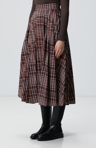  Network Kadın Camel Ekose Desenli Piliseli Midi Tafta Etek