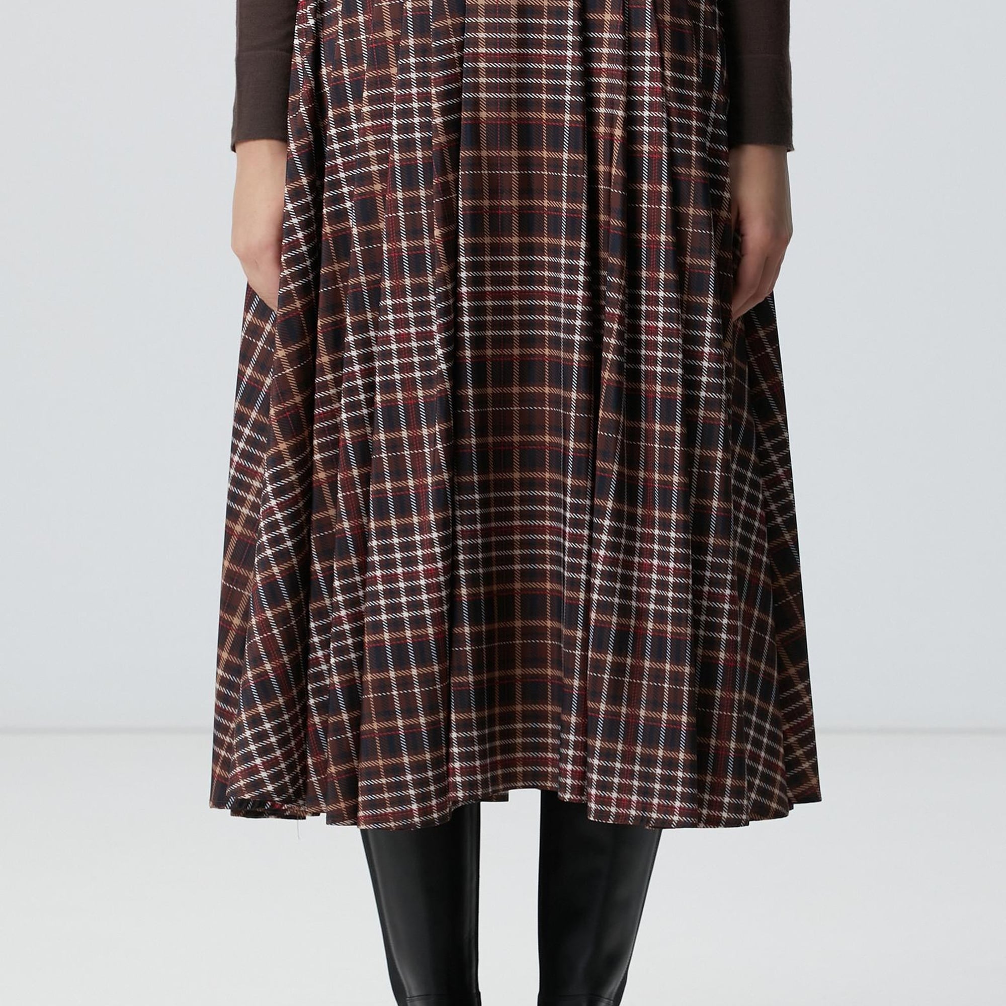 Network Kadın Camel Ekose Desenli Piliseli Midi Tafta Etek