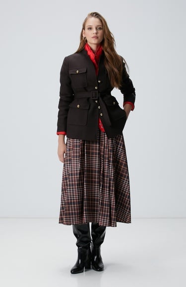  Network Kadın Camel Ekose Desenli Piliseli Midi Tafta Etek