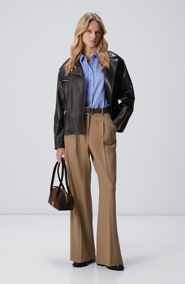  Network Kadın Camel Pileli Yüksek Bel Pantolon