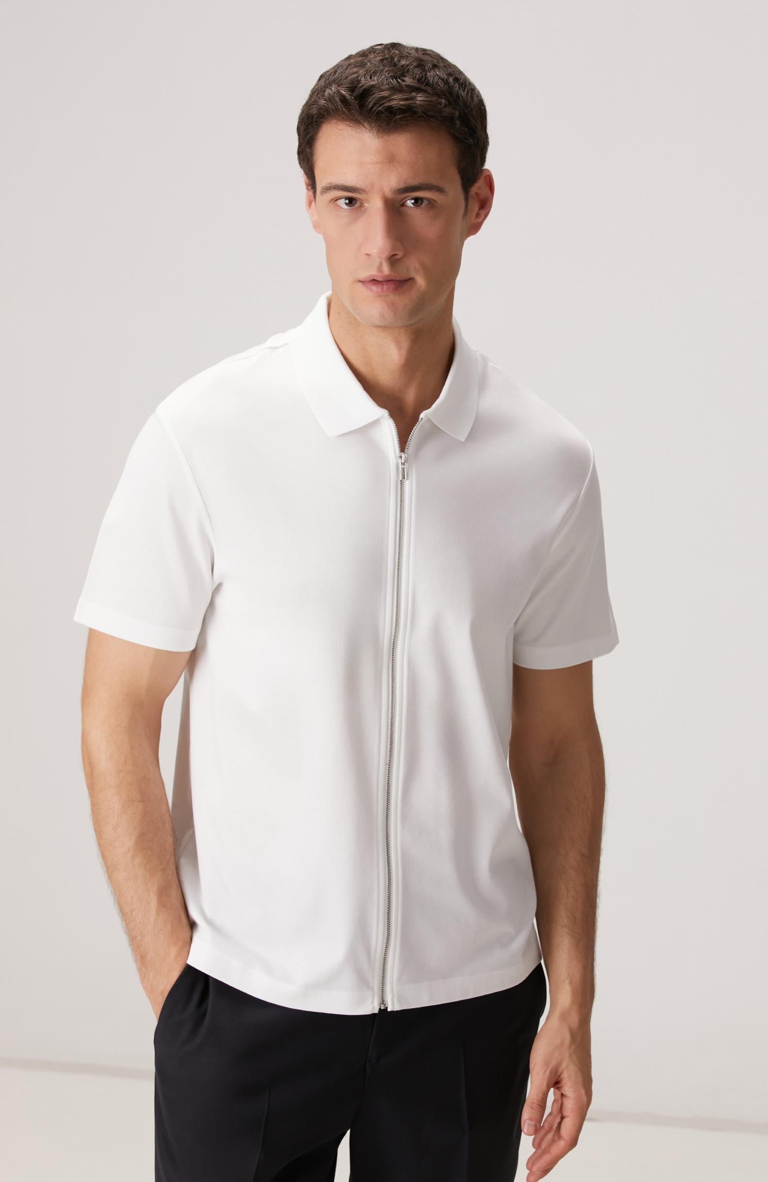  Network Erkek N-Tech Beyaz Fermuarlı Örme Gömlek