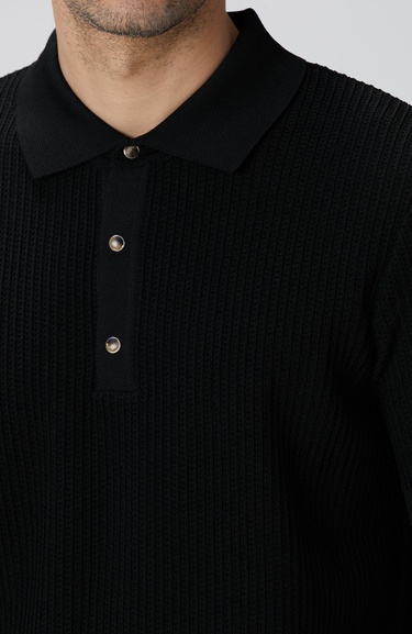  Network Erkek Siyah Polo Yaka Düğmeli Triko Kazak