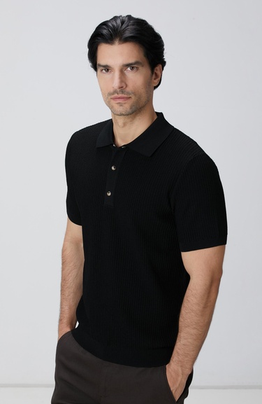  Network Erkek Siyah Polo Yaka Düğmeli Triko Kazak