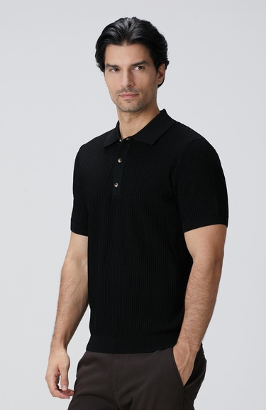  Network Erkek Siyah Polo Yaka Düğmeli Triko Kazak