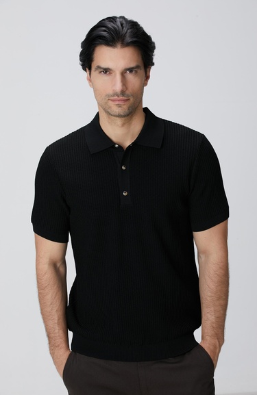  Network Erkek Siyah Polo Yaka Düğmeli Triko Kazak