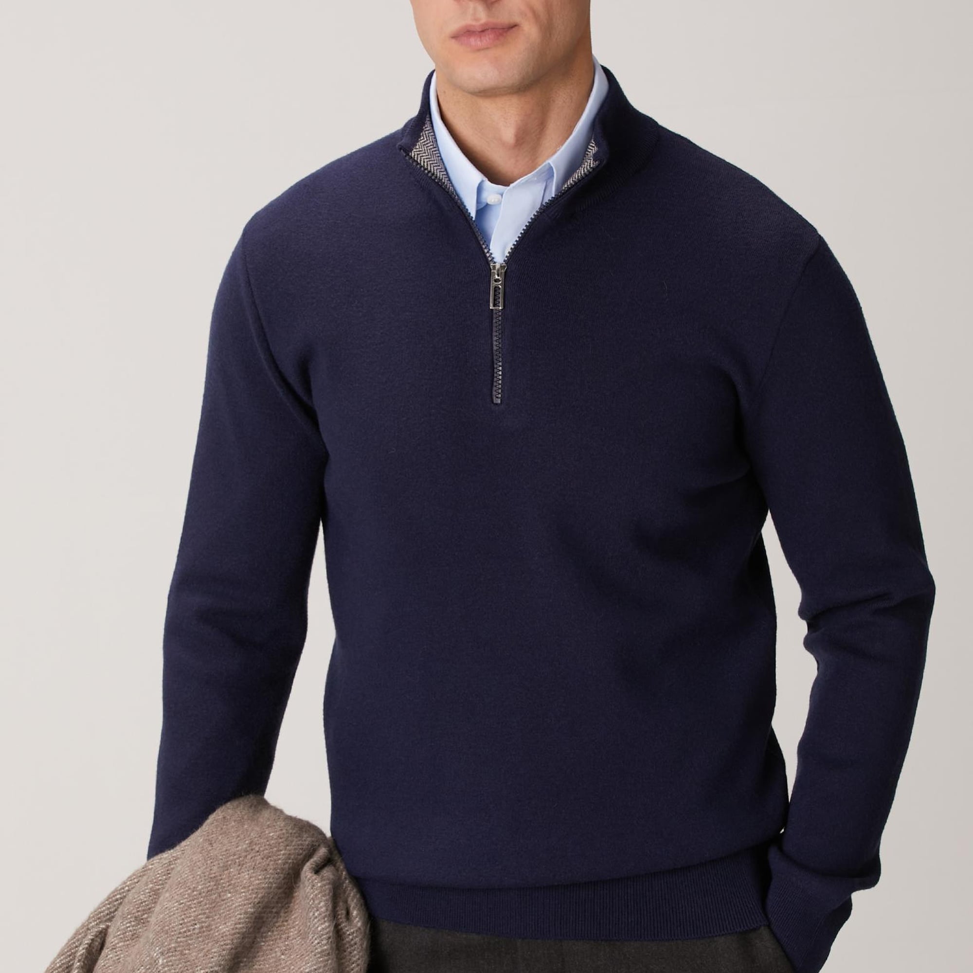 Network Erkek Lacivert Yakası Fermuarlı Triko Kazak