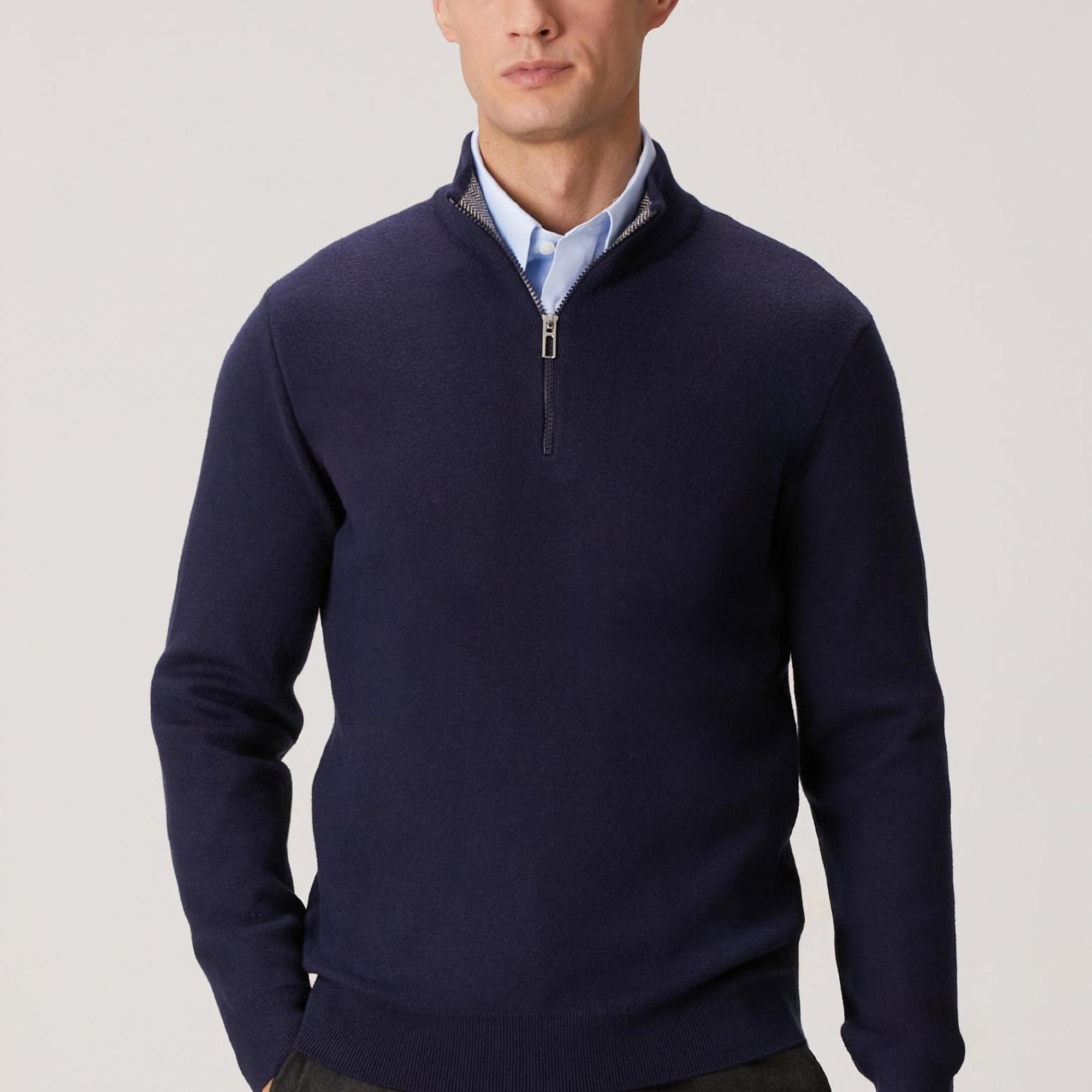 Network Erkek Lacivert Yakası Fermuarlı Triko Kazak