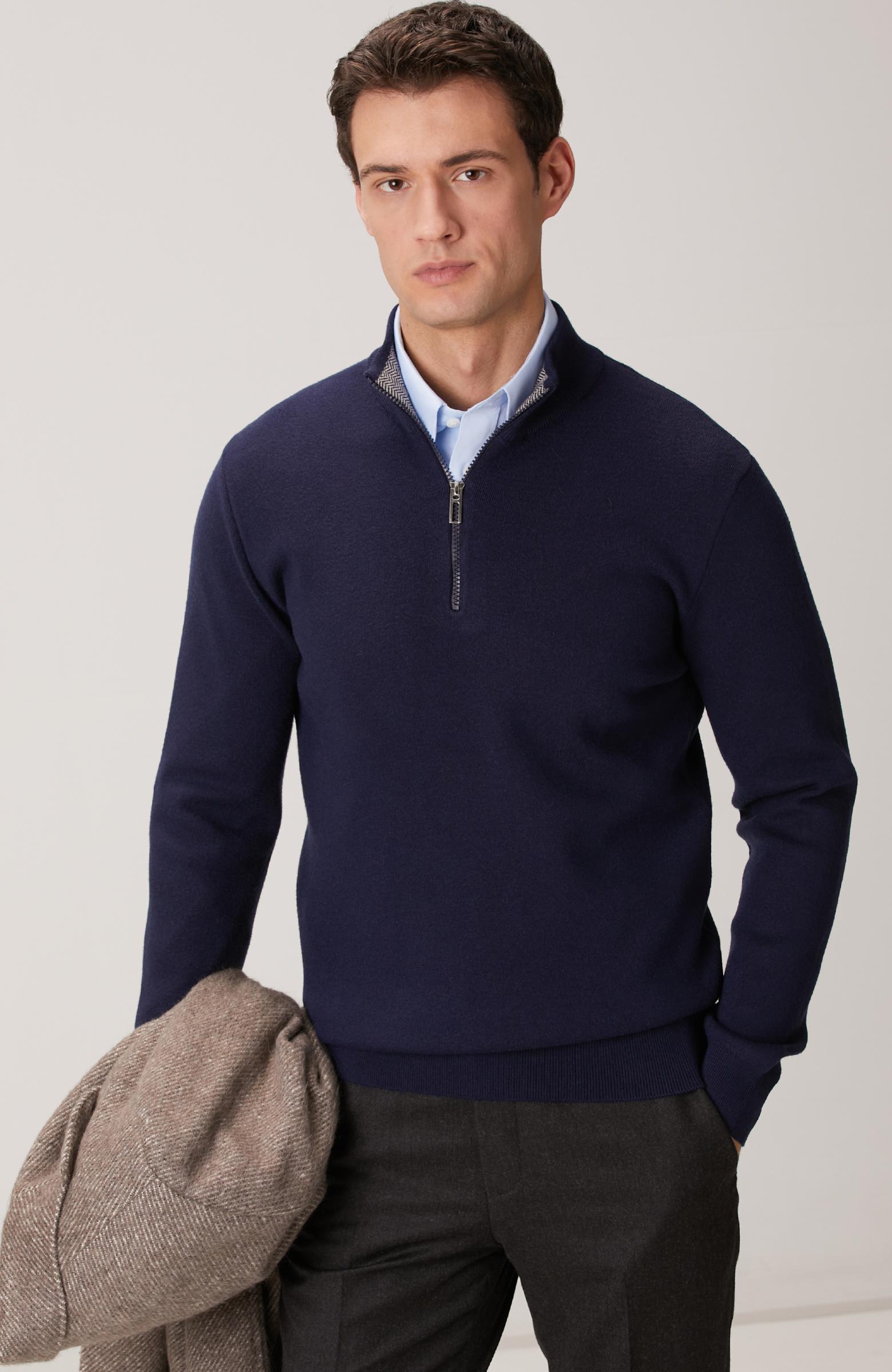 Network Erkek Lacivert Yakası Fermuarlı Triko Kazak