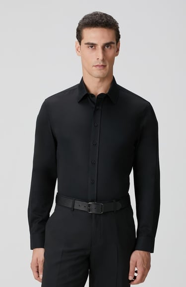  Network Erkek Non-Iron Siyah Saten Gömlek