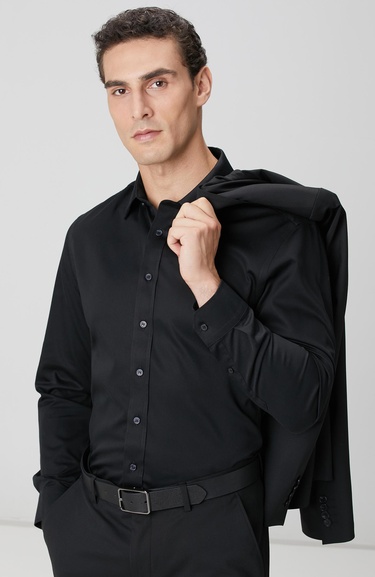  Network Erkek Non-Iron Siyah Saten Gömlek