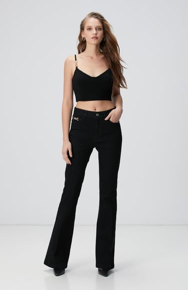  Network Kadın Siyah Aksesuarlı Flare Kalıp Denim Pantolon