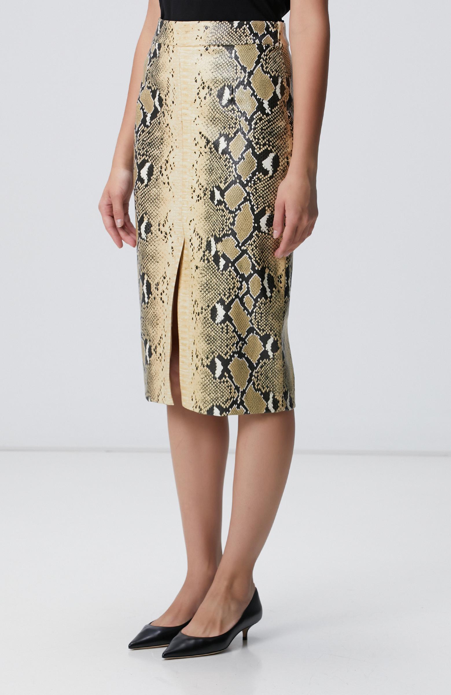 Network Kadın Haki Desenli Suni Deri Midi Etek