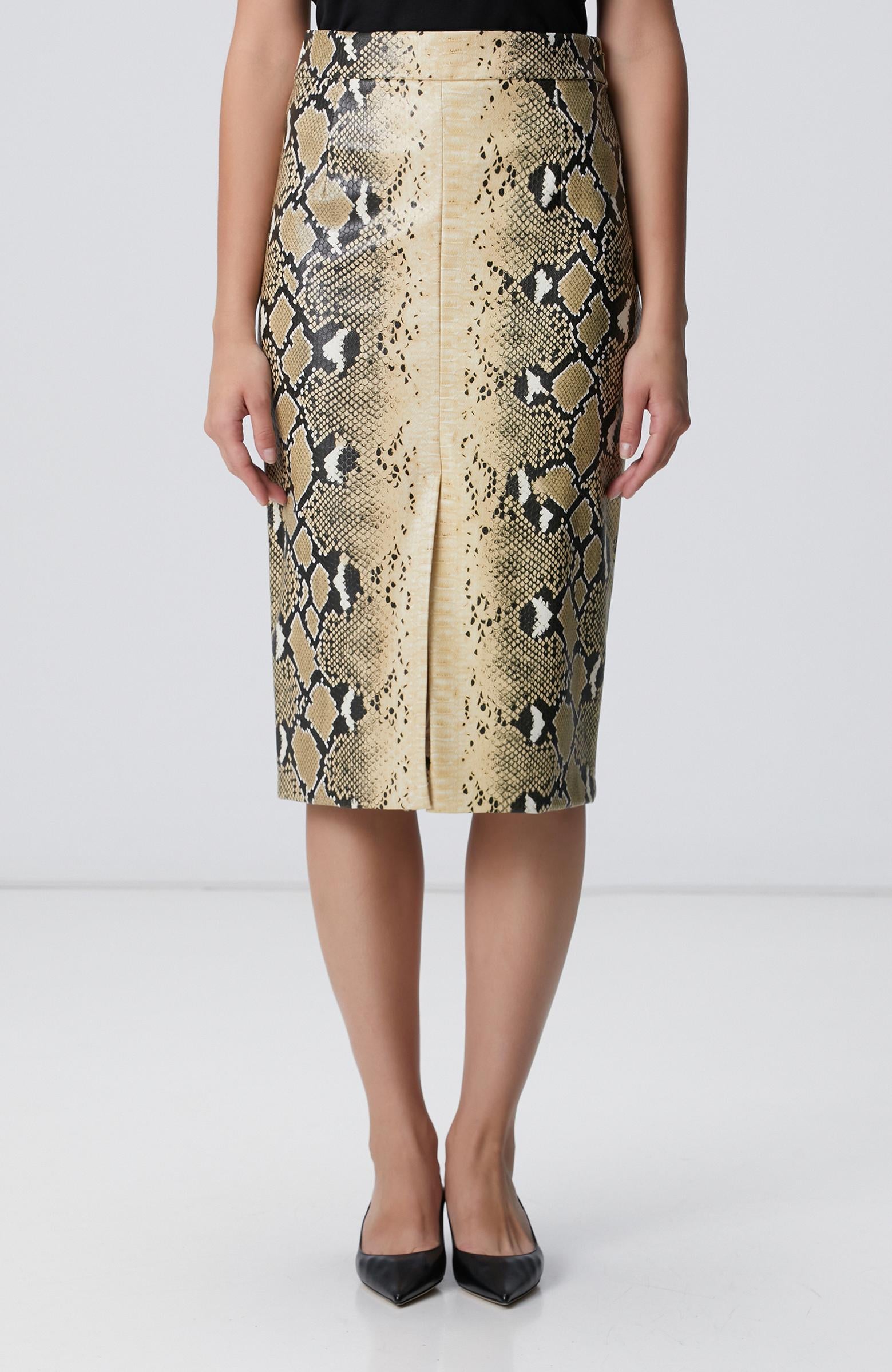 Network Kadın Haki Desenli Suni Deri Midi Etek