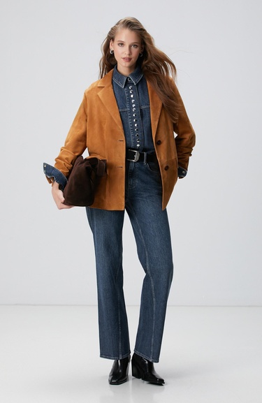  Network Kadın Camel Blazer Süet Deri Ceket