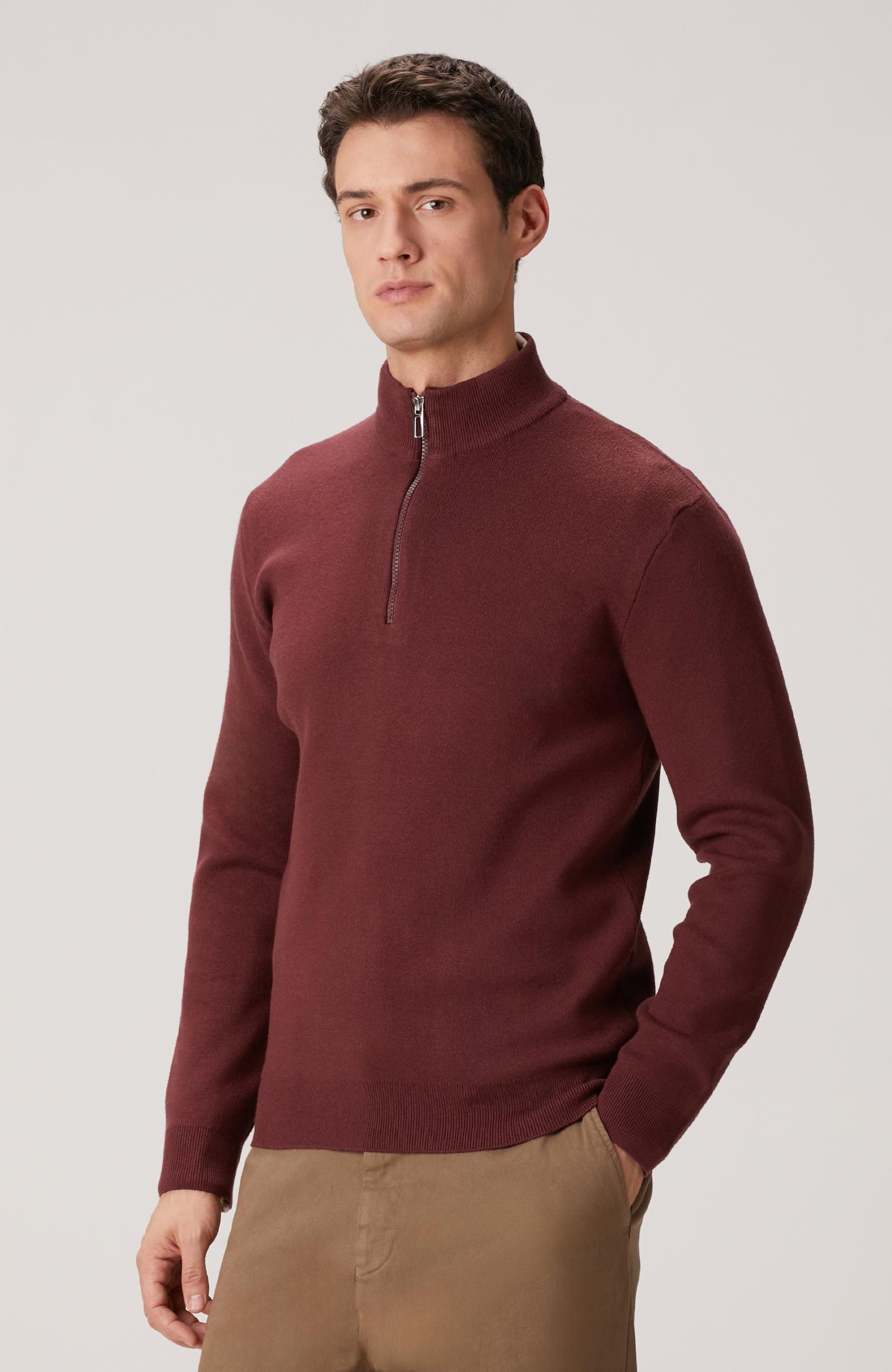  Network Erkek Bordo Yakası Fermuarlı Triko Kazak