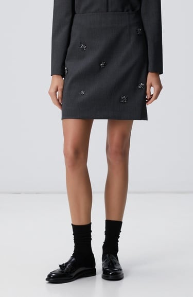  Network Kadın Koyu Gri Yün Karışımlı Mini Etek