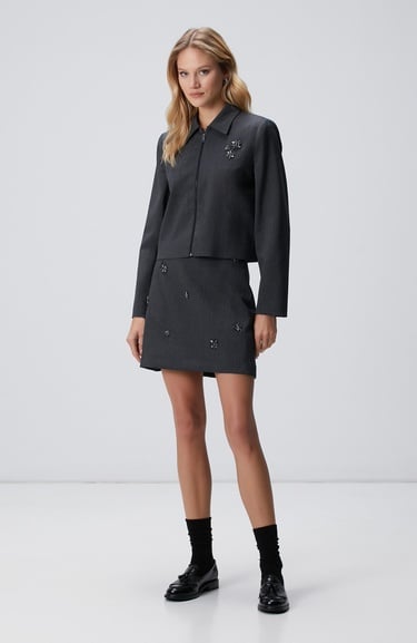  Network Kadın Koyu Gri Yün Karışımlı Mini Etek