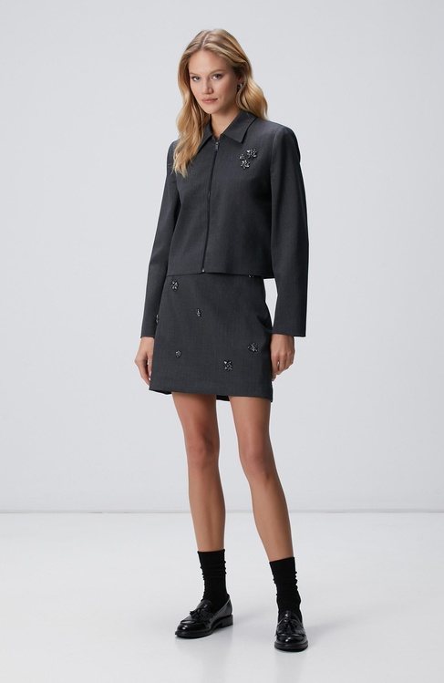  Network Kadın Koyu Gri Yün Karışımlı Mini Etek